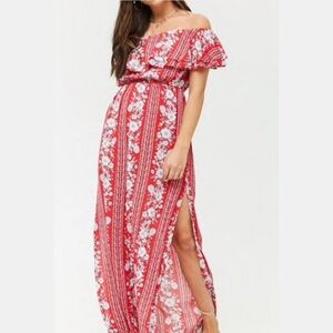 Forever 21 Red Floral Cottagecore Slubbed Cotton Off Shoulder Maxi Dress